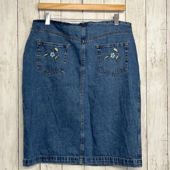Bugle Boy Floral Embroidered Blue Denim Pockets Cottage Summer Vintage Skirt 16 - Picture 2 of 9